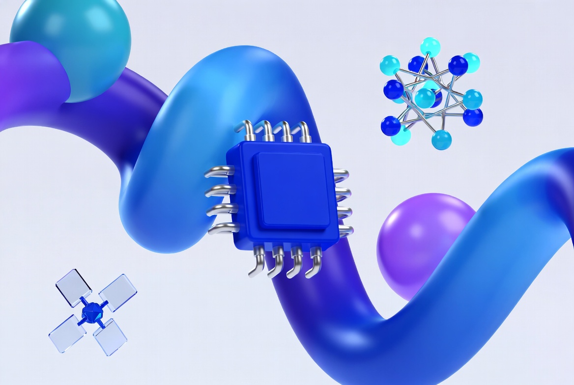 Tecnologie emergenti verso il 2030, illustrazione astratta palette azzurro viola ciano