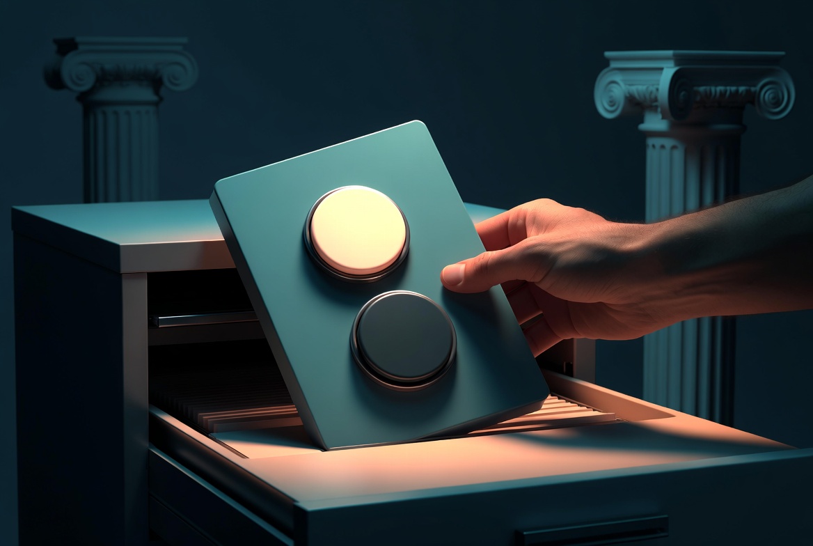 Un pannello di consenso ai cookie con due pulsanti viene intercettato da una mano mentre sta per essere archiviato nel cassetto di uno schedario, con due colonne classiche sullo sfondo