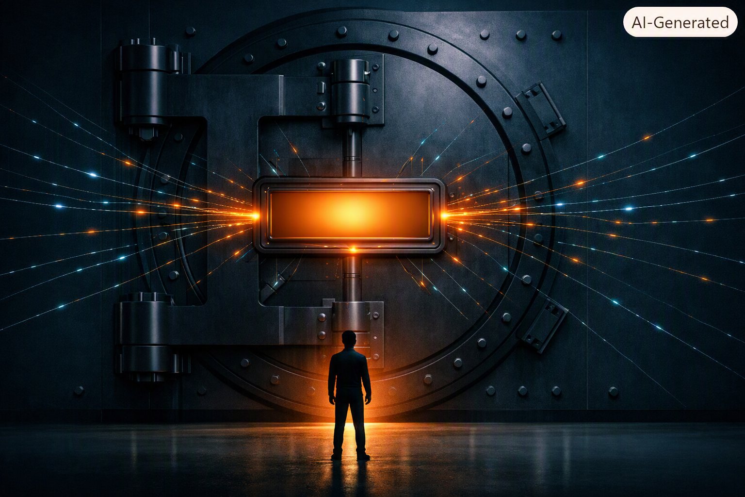 Porta blindata di un caveau con un display luminoso ambra al centro che mostra un punteggio numerico e tiene chiuso il varco, davanti una piccola figura umana: lo scoring automatico che decide l'accesso alla fornitura.