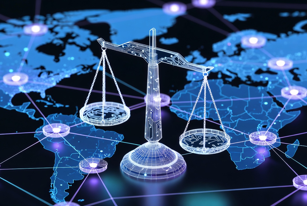 Illustrazione editoriale su intelligenza artificiale, diritti umani e Stato di diritto