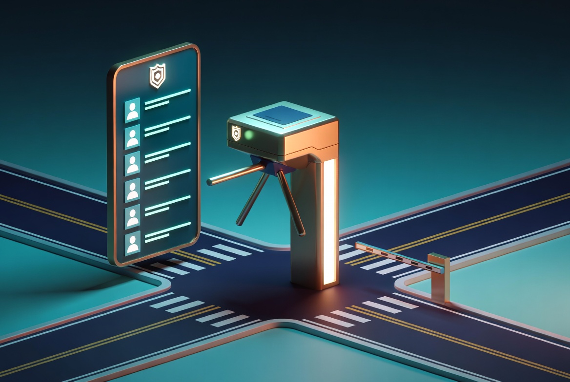 Cancello monumentale a un bivio che controlla l'accesso a un mercato digitale: metafora del gatekeeper e dell'esecuzione del Digital Markets Act