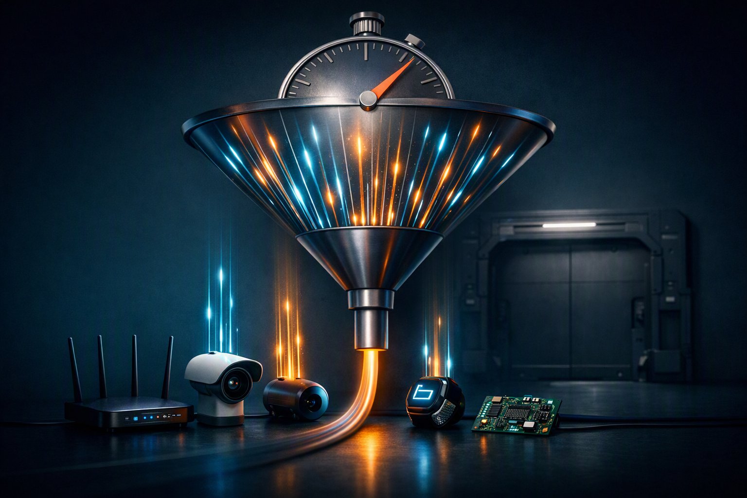 Imbuto metallico che raccoglie i flussi luminosi di dispositivi connessi e li convoglia in un unico tubo, con la lancetta di un cronometro sopra: la segnalazione entro 24 ore prevista dal Cyber Resilience Act.
