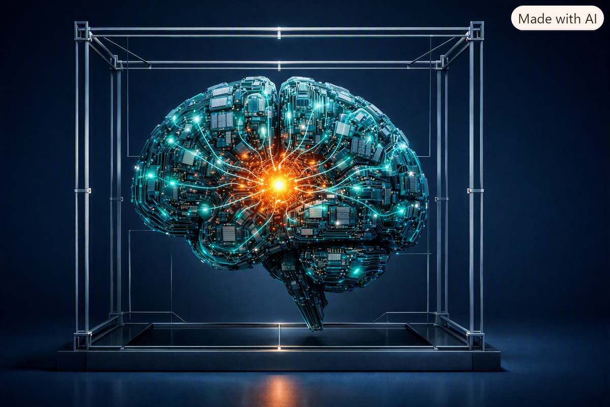 Illustrazione editoriale: cervello artificiale luminoso in toni teal con nucleo ambra, sistema di gestione dell’intelligenza artificiale