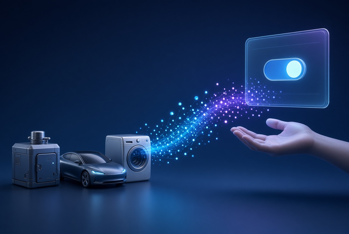 Dispositivi connessi da cui parte un flusso di dati luminoso verso una mano aperta, accanto a un pannello con interruttore attivo