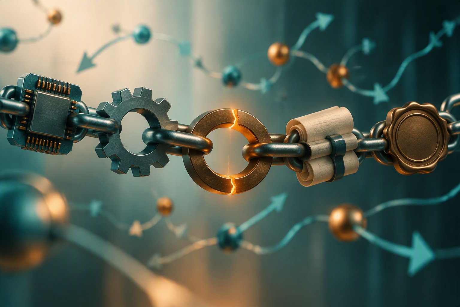 Catena di anelli metallici con un anello centrale incrinato