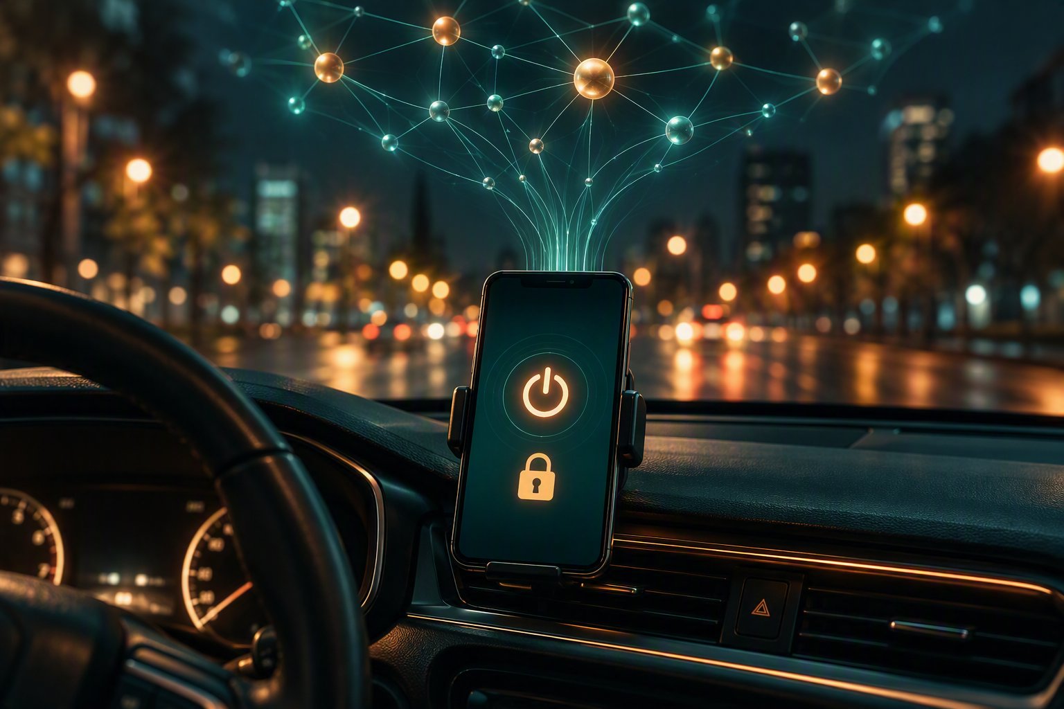 Smartphone sul cruscotto di un auto di notte con simbolo di spegnimento