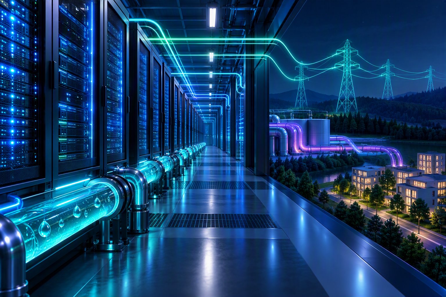 Corsia di server in un data center con linee di energia e raffreddamento