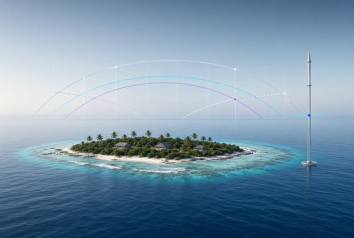 Atollo tropicale circondato dal mare con una griglia cartografica traslucida delle zone marittime e un'asta di misura del livello dell'acqua