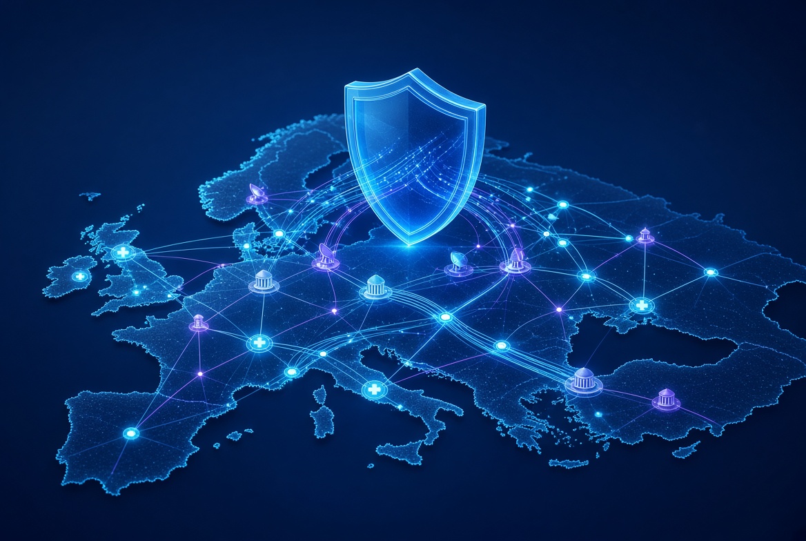 Scudo digitale sopra una mappa dell'Europa attraversata da una rete di nodi interconnessi