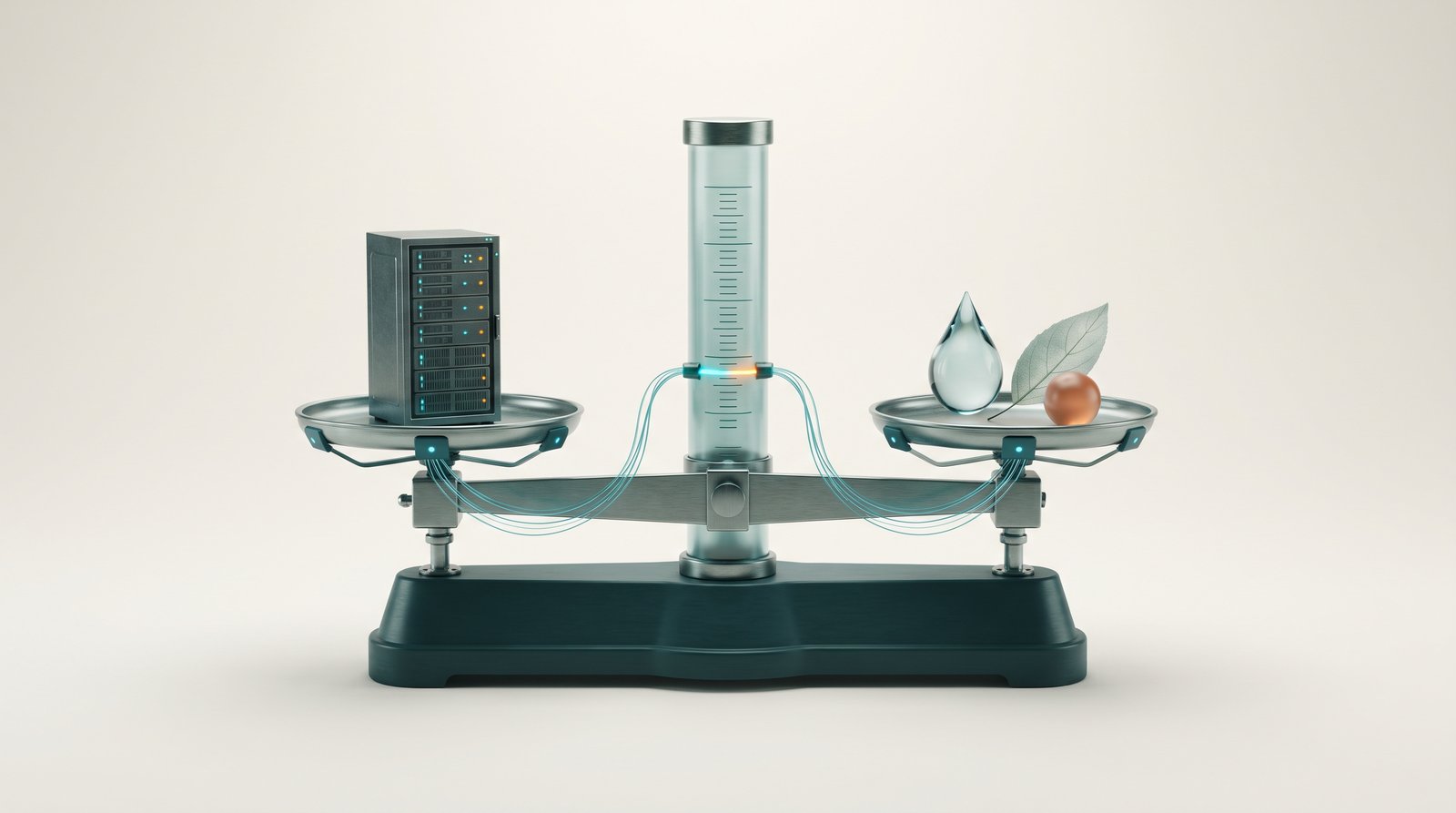 Bilancia di precisione con un rack di server da un lato e acqua, foglia ed energia dall altro