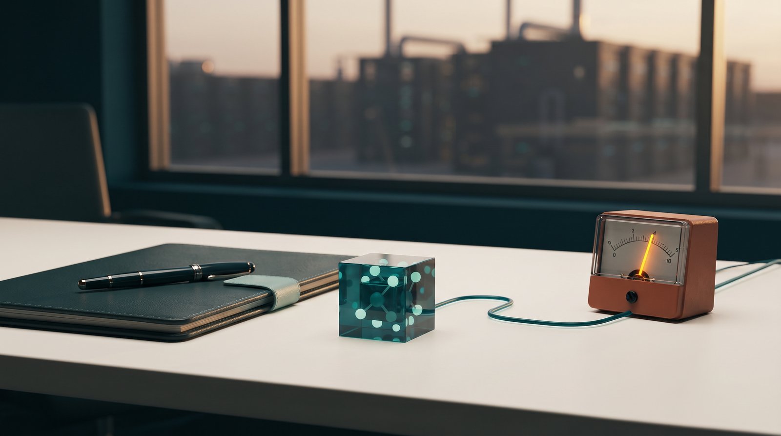 Scrivania con contratto, cubo luminoso e contatore di energia a lancetta