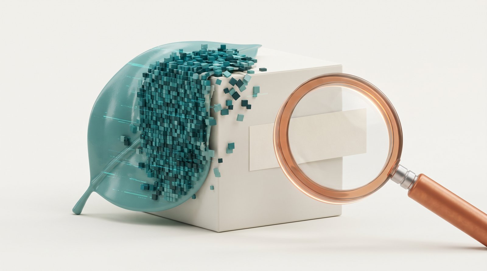 Confezione avvolta in una foglia fatta di pixel e lente di ingrandimento su un etichetta vuota
