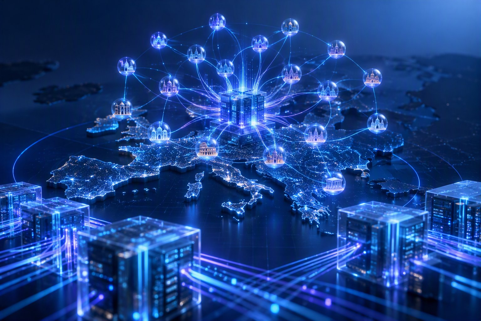 Costellazione di nodi luminosi collegati sopra una mappa stilizzata dell'Europa, con moduli di calcolo traslucidi: un progetto comune europeo di intelligenza artificiale