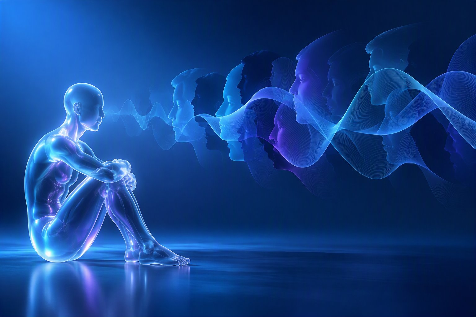 Figura umana in vetro luminoso seduta davanti a onde sonore e silhouette di voci diverse, simbolo dell'ascolto delle esperienze vissute nella salute mentale